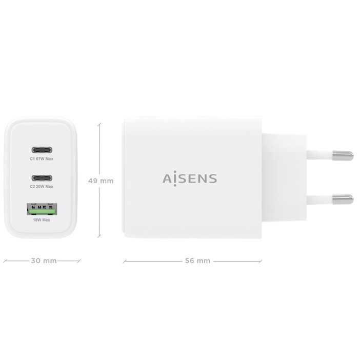 Aisens Cargador de Pared GaN 67W con 2x USB-C y 1x USB-A - Blanco
